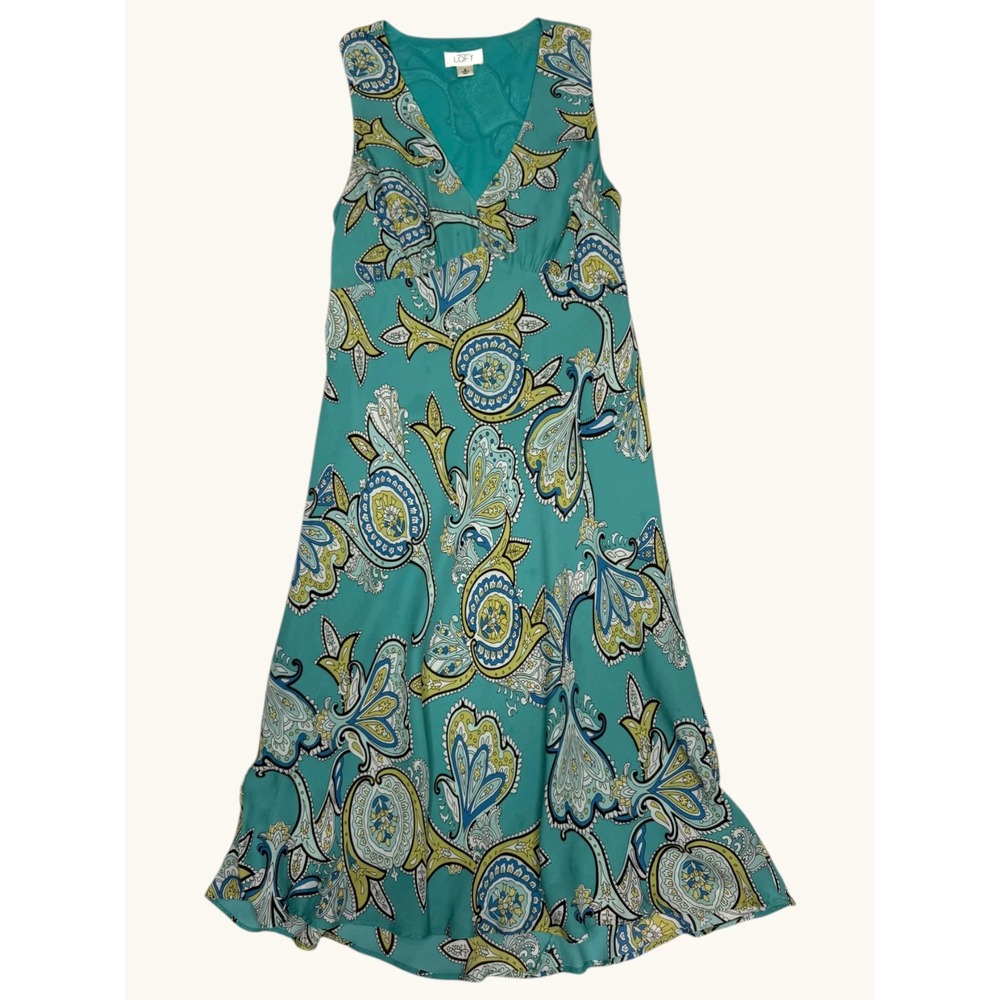 Ann Taylor Loft Womens Teal Green Paisley V-Neck Sleeveless Midi Dress Size 6